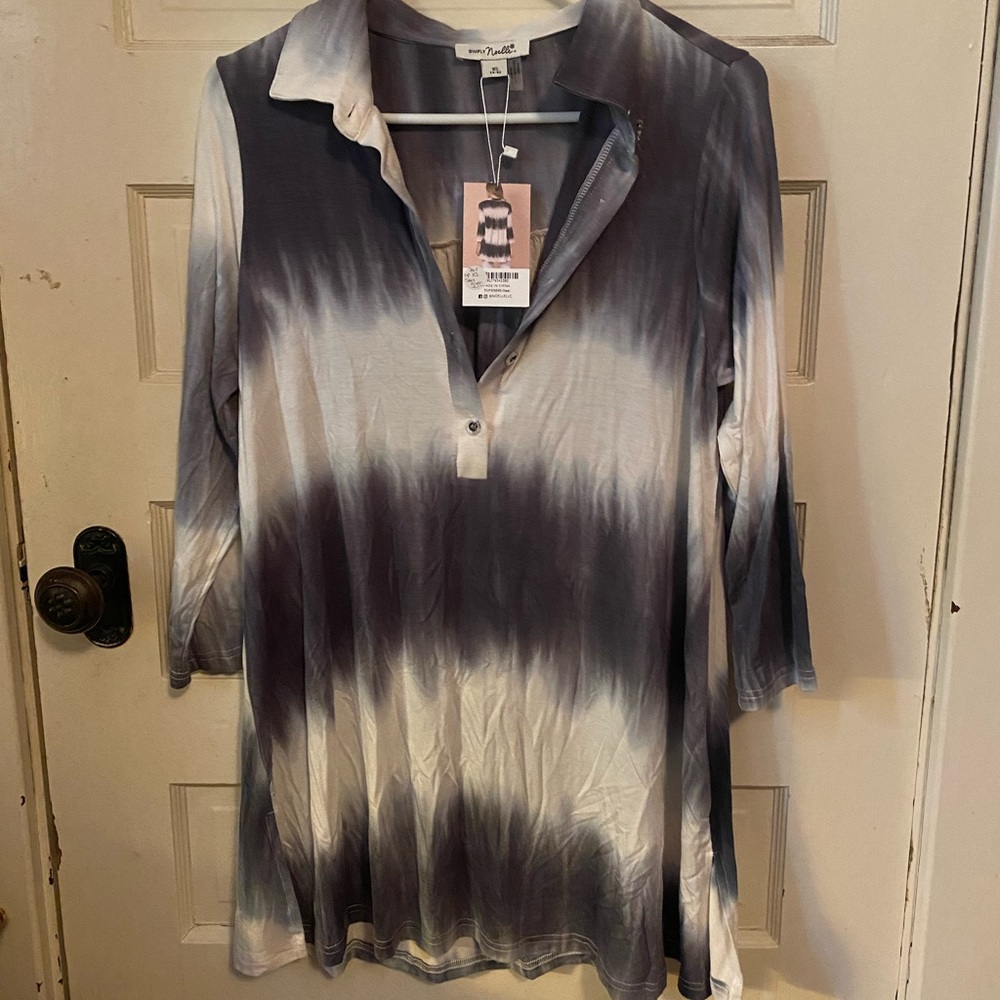 NWT Simply Noelle viscose tunic 3/4 sleeve steel grey & white tie dye super soft